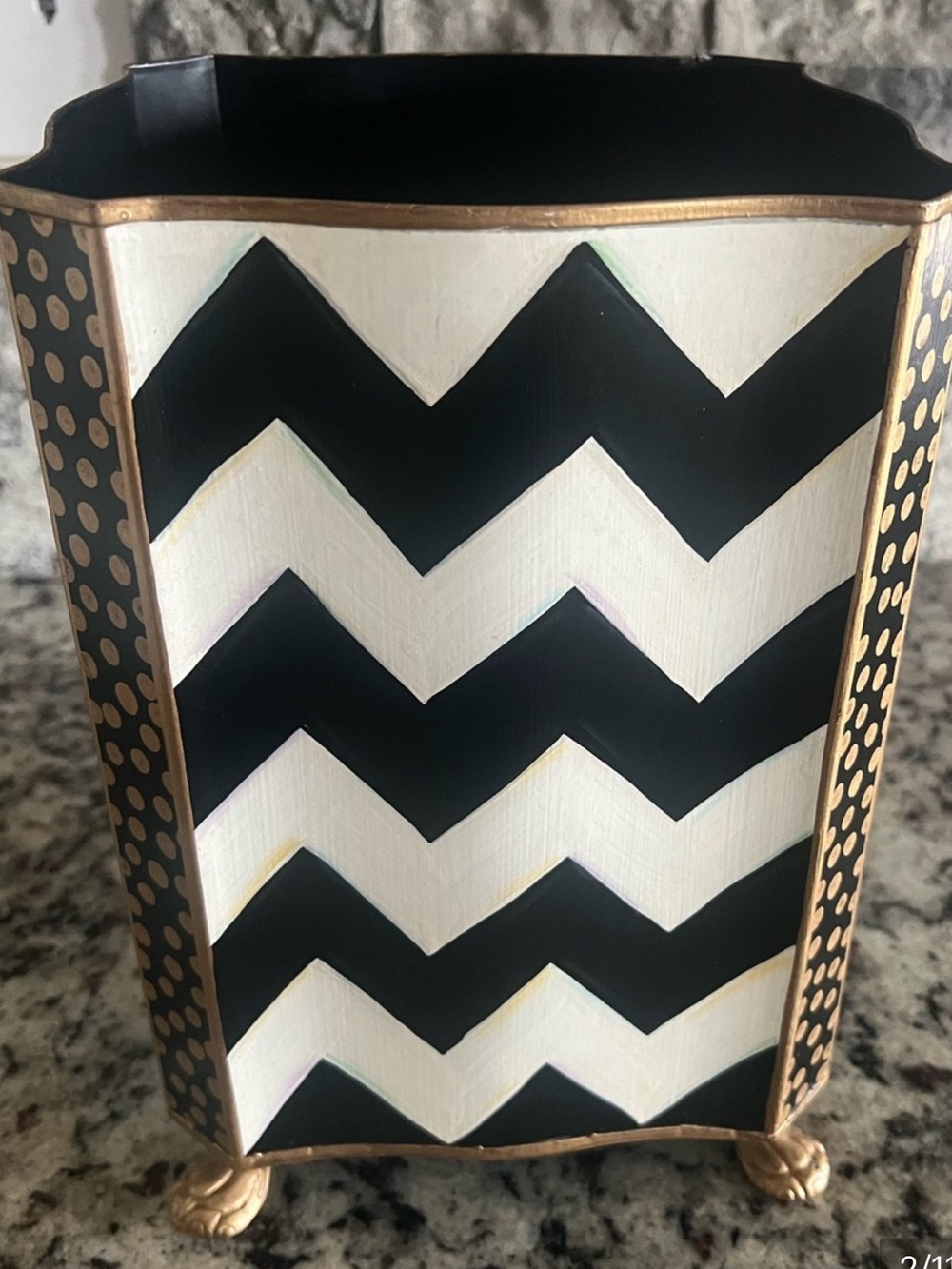 Mackenzie Childs Decorative Black and White Chevron Metal Accent trash can